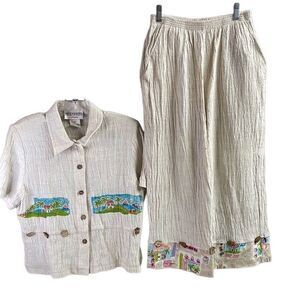 PETER POPOVITCH Ladies 2 pc Pants and Top Set Petite Small Cream Tropical Vibes